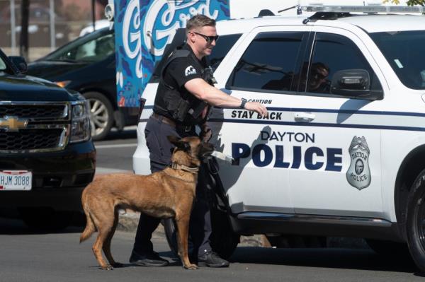 A Dayton police officer and his dog return to their vehicle after sweeping the Springfield City Hall grounds for explosives 