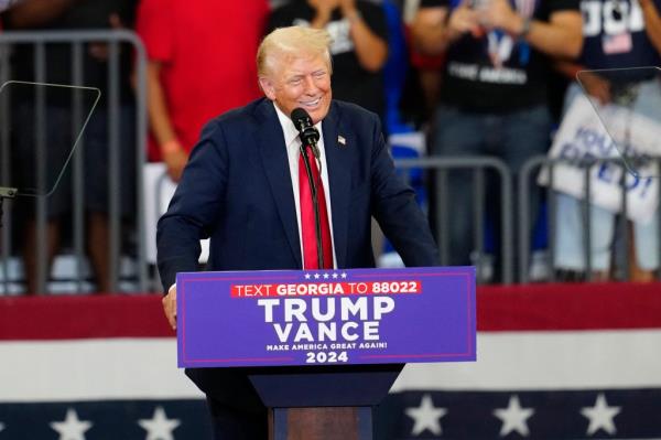 Former President Do<em></em>nald Trump speaking at a campaign rally at Georgia State University in Atlanta, 2024