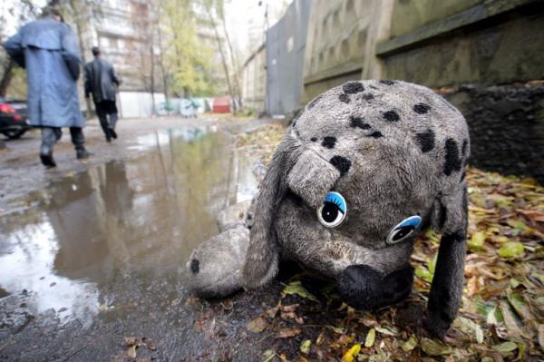 A toy dog lays in a puddle in front of the entrance to MSF (Medecines Sans Frontieres) street children center in Moscow, 28 October 2005. AFP PHOTO/ ALEXANDER NEMENOV. TO GO WITH AFP STORY Russie-social-enfants (Photo by ALEXANDER NEMENOV / AFP)