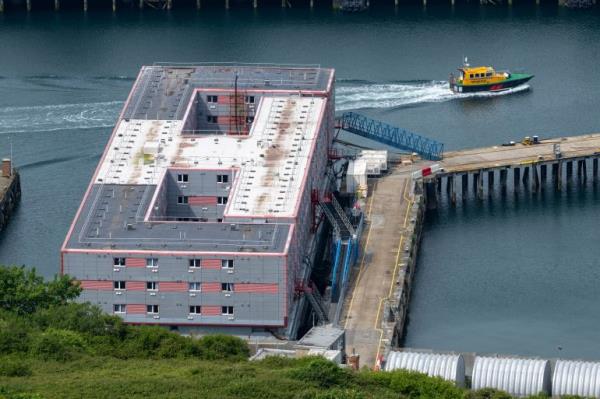 A general view of the Bibby Stockholm immigration barge in Portland Port