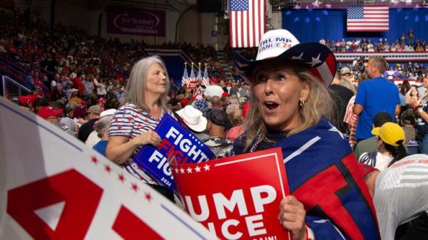 Supporters arrive before Republican presidential nominee former President Do<em></em>nald Trump speaks at a Trump supporters at campaign rally at 1st Summit Arena at the Cambria County War Memorial, in Johnstown, Pa., Friday, Aug. 30, 2024. (AP Photo/Rebecca Droke)