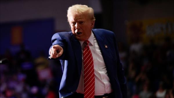 Do<em></em>nald Trump gestures after speaking at his rally in Johnstown. Pic: AP