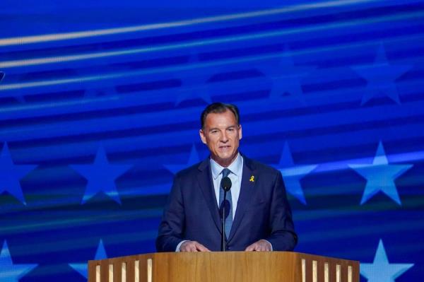 Democratic Representative Tom Suozzi delivering remarks at the Democratic Natio<em></em>nal Co<em></em>nvention in Chicago, Illinois, August 2024.