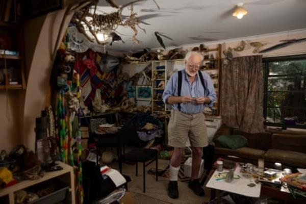 Rock collector Jack Geerlings with a favourite stone at his rock workshop and showroom in Winton, Southland, New Zealand.