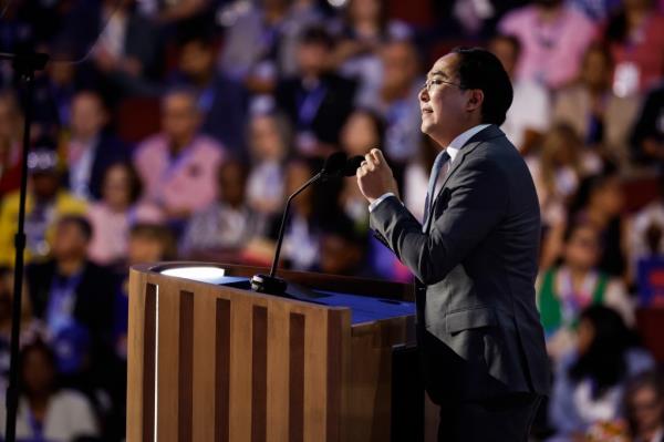 U.S. Representative Andy Kim speaking on stage at the Democratic Natio<em></em>nal Co<em></em>nvention in Chicago, Illinois, 2024