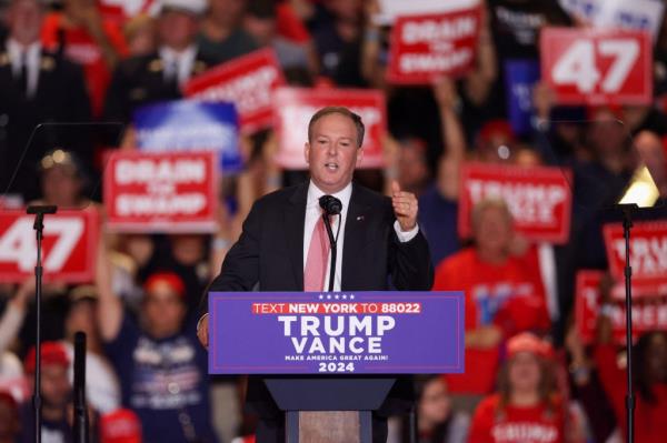 Former Rep. Lee Zeldin speaking at the Nassau Coliseum Trump rally.