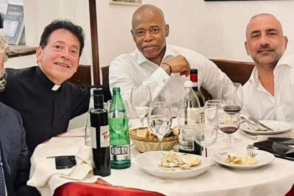 Facebook image dated May 11, 2024 - St. Peter's Basilica, Vatican Rome. 
Msgr Jamie Gigantiello (2nd from left) Mayor Eric Adams and Frank Carone (right) 
Federal investigators are looking into two more prominent figures with ties to Mayor Eric Adams -- a close advisor and a mo<em></em>nsignor with the Brooklyn Diocese, according to sources familiar with the matter.