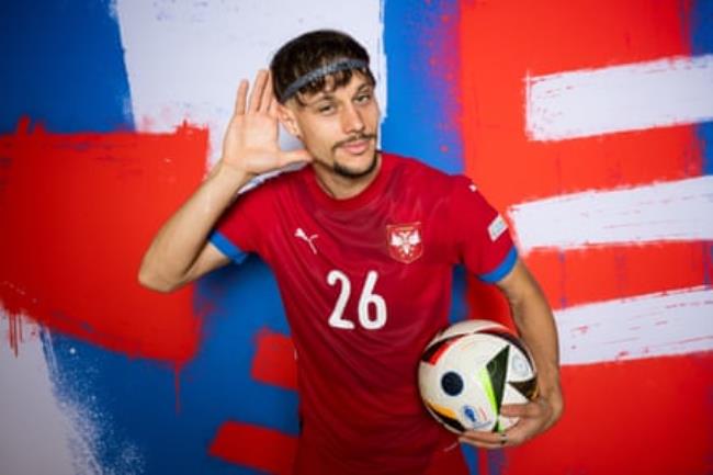 Veljko Birmancevic poses for a portait in Serbia kit before Euro 2024.