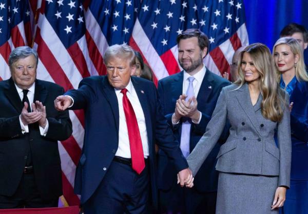 Trump holds hands with wife Melania at Election Night watch party on Nov. 5, 2024.