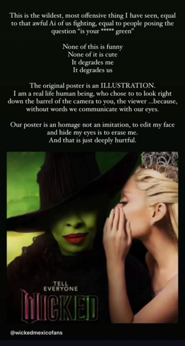 Cynthia Erivo slammed a fan-edited version of the "Wicked" movie poster intended to more closely imitate the original poster for the Broadway show.