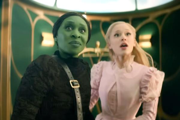 Ariana Grande as Glinda and Cynthia Erivo as Elphaba in the film "Wicked."