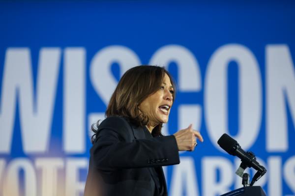 Vice President Kamala Harris speaking to supporters at a campaign event at Little Chute High School in Wisconsin