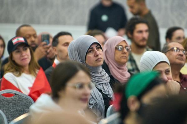 Muslim Americans attending an endorsement event for Green Party candidate Jill Stein, hosted by 'Abandon Harris' co-founder Hassan Abdel Salam at the Bint Jebail Cultural Center in Dearborn, MI.