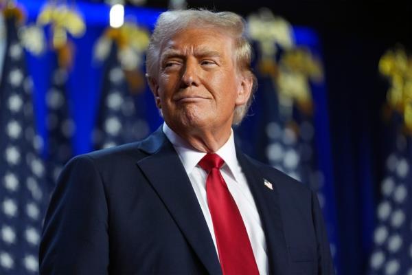 Republican presidential nominee former President Do<em></em>nald Trump arrives at an election night watch party at the Palm Beach Co<em></em>nvention Center, Wednesday, Nov. 6, 2024, in West Palm Beach, Fla. 