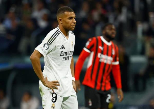 Kylian Mbappé looks on, at a Real Madrid vs. AC Milan game, at the Santiago Bernabeu stadium, Madrid, Spain, on November 5, 2024.