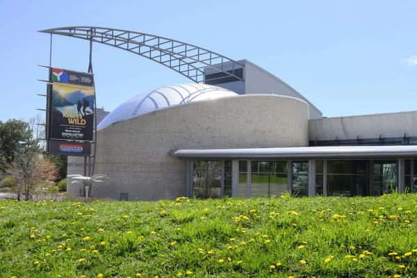 A grey building with a dome