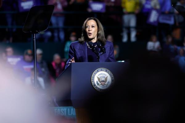 US Vice President and Democratic presidential nominee Kamala Harris speaks during a campaign rally at Michigan State University