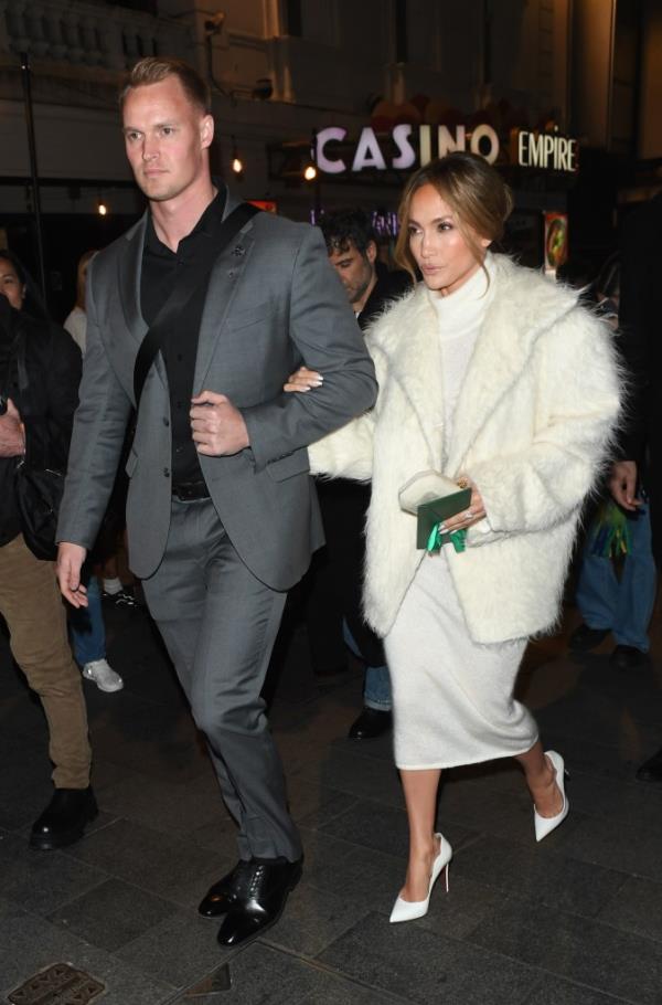 Jennifer Lopez aka JLo seen leaving a private screening for her new movie "Unstoppable" in Lo<em></em>ndon accompanied by a security guard on Nov. 5, 2024.