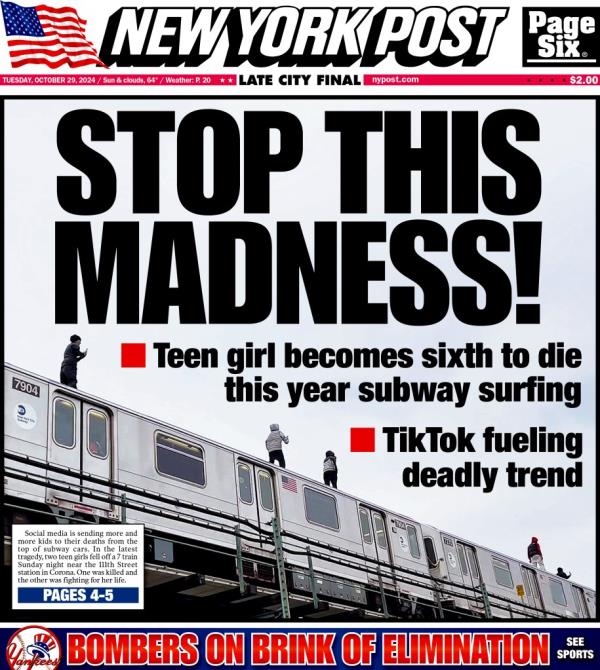 New York Post cover for Tuesday, October 29, 2024.