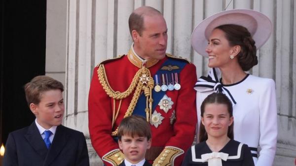 The Prince and Princess of Wales with their children, Prince George, Prince Louis, and Princess Charlotte, on the balcony of Buckingham Palace, London, to view the flypast following the Trooping the Colour ceremony in central London, as King Charles celebrates his official birthday. Picture date: Saturday June 15, 2024. Gareth Fuller/PA Wire