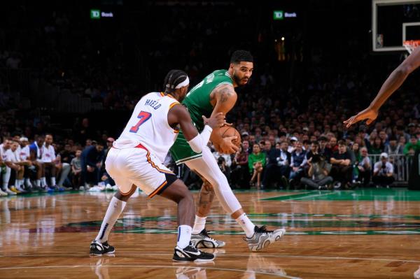 Jayson Tatum #0 of the Boston Celtics handles the ball during the game against the Golden State Warriors