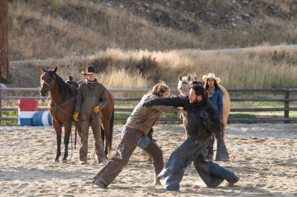 A fight between Kayce (Luke Grimes) and Rip (Cole Hauser) on "Yellowstone." 