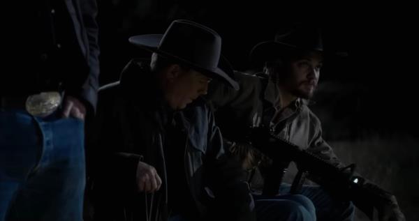 John (Kevin Costner) and Kayce (Luke Grimes) holding guns, a<em></em>bout to kill some enemies, on "Yellowstone." 