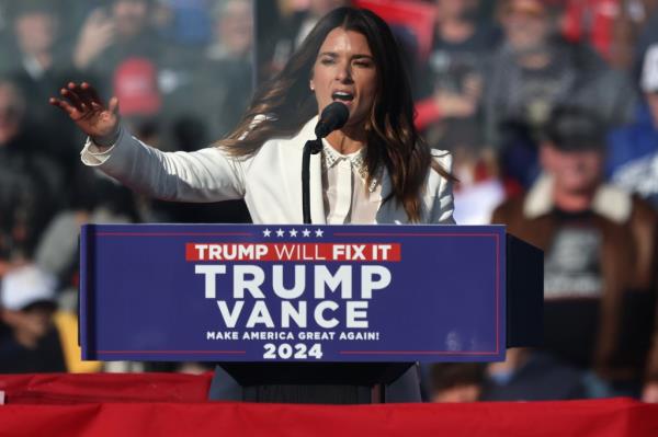 Former NASCAR driver Danica Patrick speaks during a Republican presidential nominee, former U.S. President Do<em></em>nald Trump campaign rally at Lancaster Airport on November 3, 2024 in Lititz, Pennsylvania.  