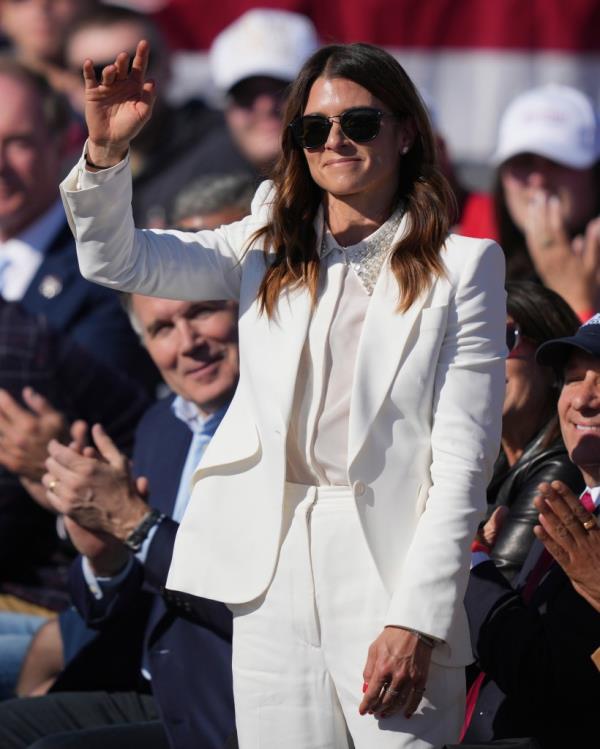 Former NASCAR driver Danica Patrick during a Republican presidential nominee, former U.S. President Do<em></em>nald Trump campaign rally at Lancaster Airport on November 3, 2024 in Lititz, Pennsylvania.  