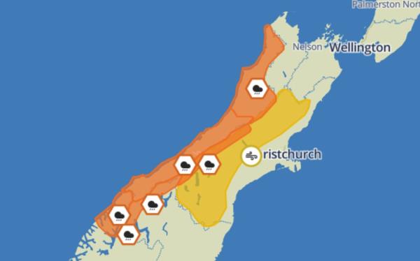 Warnings of heavy rain are in force, as well a strong wind watch for Canterbury High Country.