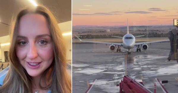 Jaime pictured at the gate on the left and the plane taxiing away from the date on the right, into the sunset