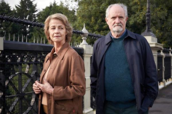 Charlotte Rampling and Jim Broadbent standing on a bridge in a scene from The Sense of an Ending.