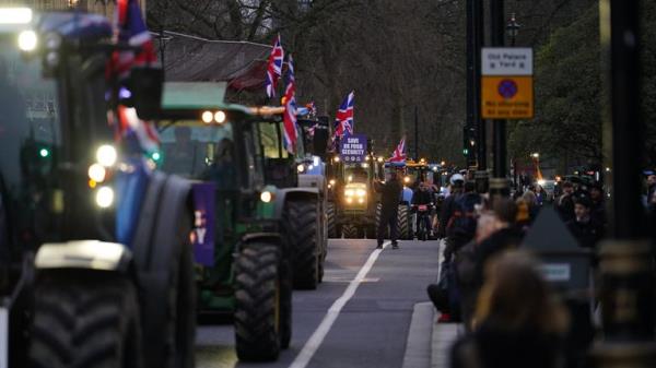 Over 120 tractors gathered in Parliament Square on Mo<em></em>nday night. Pic: PA