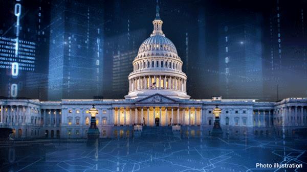 illustration of flying 0s and 1s digital display over a US Capitol image