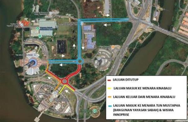 The notice also attached a map, showing the exit and entrance to Menara Kinabalu, that will be co<em></em>ntrolled by the Royal Malaysia Police (PDRM), while the exit and entrance to Menara Tun Mustapha and Wisma Innoprise to use alternative routes. — Picture courtesy of Sabah Public Works Department 