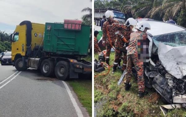 Eight people, including three children, were injured in an accident after the multi-purpose vehicle (MPV) they were travelling in was involved in an accident with a trailer at Jalan Mersing Nitar near Felda Nitar 1, Mersing. — Picture courtesy of the Fire and Rescue Department 