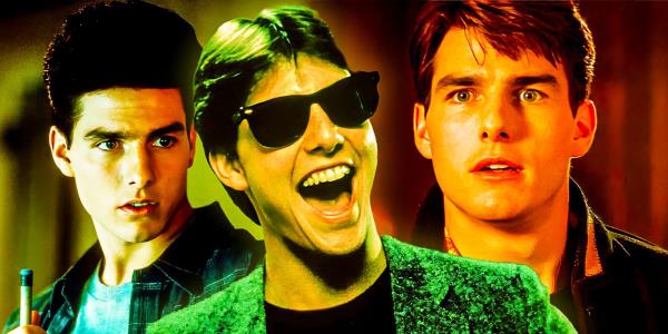 Tom Cruise as Vincent Lauria holding a pool stick in The Color of Money, laughing with Ray Bans on as Joel in Risky Business and as Lt. Daniel Kaffee looking surprised in A Few Good Men