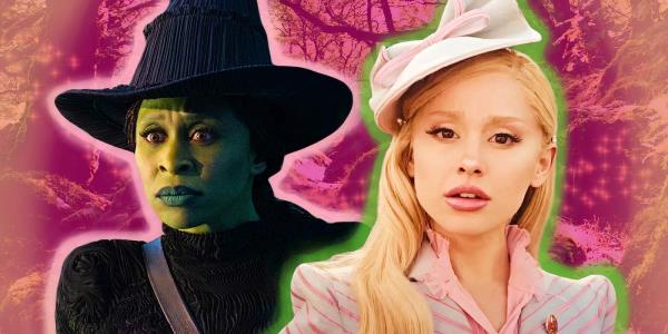 Elphaba and Galinda from Wicked are in front of a pink magical forest