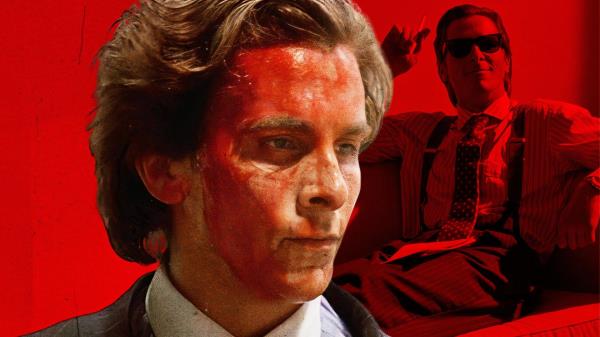 An edited image of Christian Bale with blood on his face in American Psycho