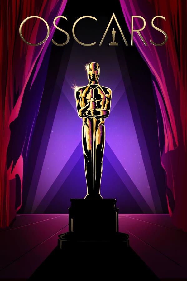 The Oscars Poster Featuring an Oscars Statue Standing in front of a curtain