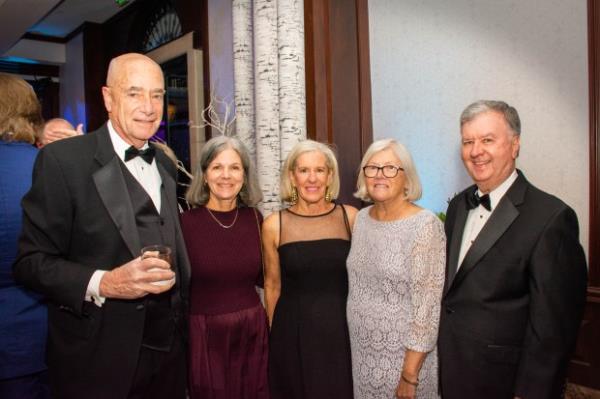 From left - Dr. John Chessare, GBMC HealthCare president/CEO, Dr. Tracey Chessare, dermatologist, Karen Deeley, MacKenzie Commercial Real Estate Services senior vice president/event committee member, Sara Manning, Mushroom News editor, and Kevin Manning, retired Stevenson University president, at The Gilchrist Ball (Sloane Brown)