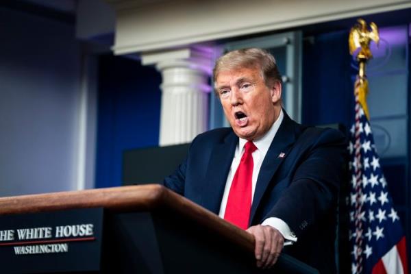 Trump's anger toward federal health agencies dates back to 2020 and their arguments a<em></em>bout COVID-19. He is seen here in April 2020, briefing reporters a<em></em>bout the pandemic.