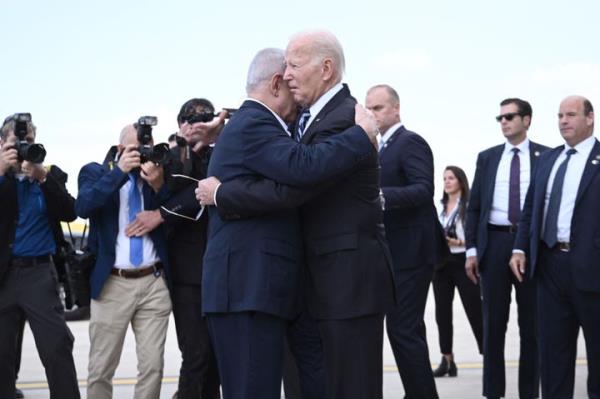 U.S. President Joe Biden, right, hugs Netanyahu upon arriving in Israel on Oct. 18, 2023. Biden's difficulty securing a hostage and ceasefire deal was a source of great frustration among many critics.